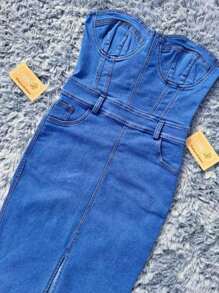 VESTIDO STRAPLESS MEZCLILLA STRECH - Azul lavado medio - Ver 2