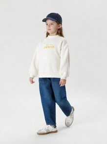 Unisex Kids' Fashionable Color Block Letter Printed Anti-static Loose Half-high Collar Fleece Sweatshirt, Autumn And Winter - White - View 2