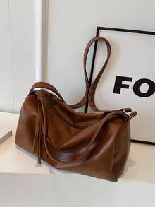 1pc Coffee Brown Simple Atmosphere Shoulder Bag Fashionable All-Match Round Cylinder Commuting Handbag For Four Seasons - Coffee Brown - View 1