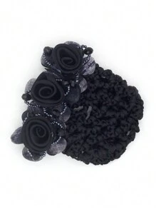 1個女性黑色髮夾,帶有三朵珍珠花,鑲嵌發帶設計,適用於日常、旅行、工作等場合