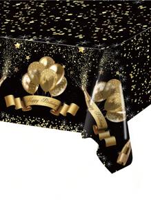 1pc Black & Gold Balloon Pattern Disposable Rectangular Plastic Tablecloth, Perfect For Decorating Birthday Party Adult Party Tables, Birthday Party Dining Table Decor, Party Gift Birthday Decor Tablecloth - Black Gold - View 3