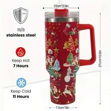 聖誕節保溫杯帶蓋和吸管,40盎司帶手柄汽車杯,不銹鋼材質,聖誕老人和馴鹿印花設計,適用於家庭,辦公室,夏季飲料,生日禮物
