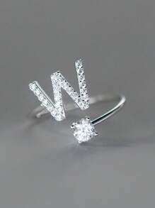 1入組精美優雅立體氧化鋯字母戒指，開口可調式女性女孩紀念基本戒指母親節，聖誕節禮物 - 銀色 - 查看 34