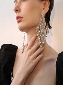 1 đôi bông tai dài hình giọt nước đính đá pha lê phong cách Châu Âu & Mỹ màu bạc, cá nhân hóa & sang trọng & thiết kế độc đáo - Bạc - Xem 3