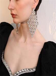 1 đôi bông tai dài hình giọt nước đính đá pha lê phong cách Châu Âu & Mỹ màu bạc, cá nhân hóa & sang trọng & thiết kế độc đáo - Bạc - Xem 4