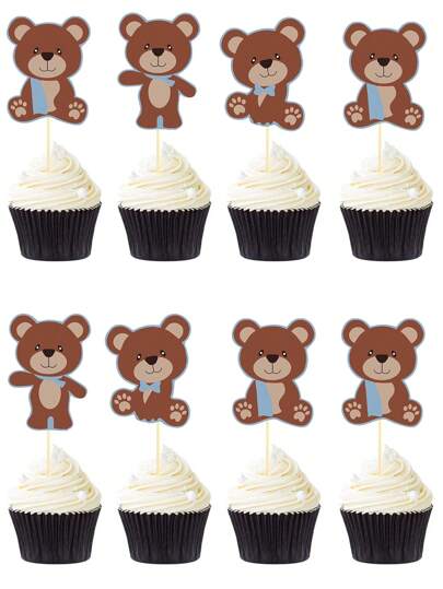 24 قطعة من مزخرفات لقمة كعكة عيد ميلاد الطفل بتصميم دب أزرق، ديكورات كعك لحفلات استحمام الطفل، موضوع دب للحفلات ، اكسسوارات للأولاد والبنات في عيد الحب والرجوع إلى المدرسة