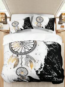 3pcs/set Fashionable Black & White Dreamcatcher Pattern Printed Duvet Cover Set