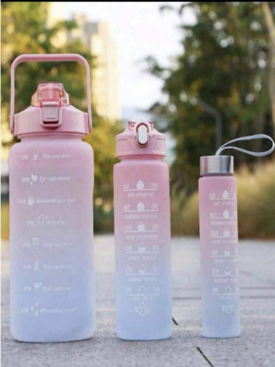 1入2l或750ml或300ml大容量漸層粉紅pc水瓶運動和健身便攜吸管杯,適用於家庭和旅行戶外使用