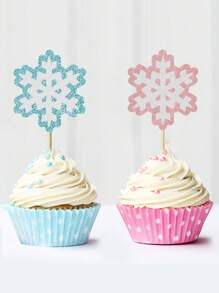 12pcs Christmas Theme Dual Layers Snowflake Pattern Cake Toppers In Blue And Pink, Ideal For Winter Gender Reveal Party And Cake Decoration - Multicolor - View 1