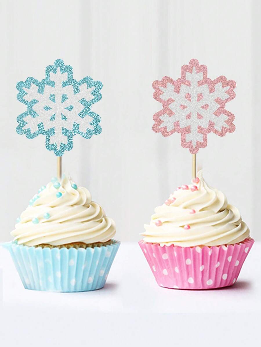 12pcs Christmas Theme Dual Layers Snowflake Pattern Cake Toppers In Blue And Pink, Ideal For Winter Gender Reveal Party And Cake Decoration - Multicolor - View 1
