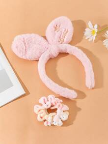 2 件裝純粉紅色毛絨兔耳形多功能可愛髮夾和頭帶適合女孩和女士,適合日常生活、校園、約會、假期