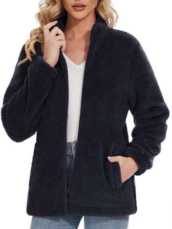 NASBING Women's Winter Warm Jackets Full Zip Fuzzy Teddy Coat With Pockets