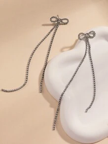 1對女性簡約精緻蝴蝶結鑲滿鑽石長流蘇耳環 - 槍黑色 - 查看 5