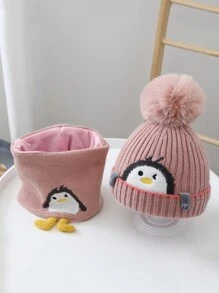 2入組小企鵝粉色兒童帽圍巾套裝,嬰兒厚實針織帽子保暖秋冬