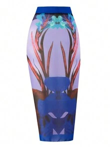 2023新款性感葉子印花連體泳衣和雪紡遮陽裙套裝,歐美風格 - 藍色 - 查看 4