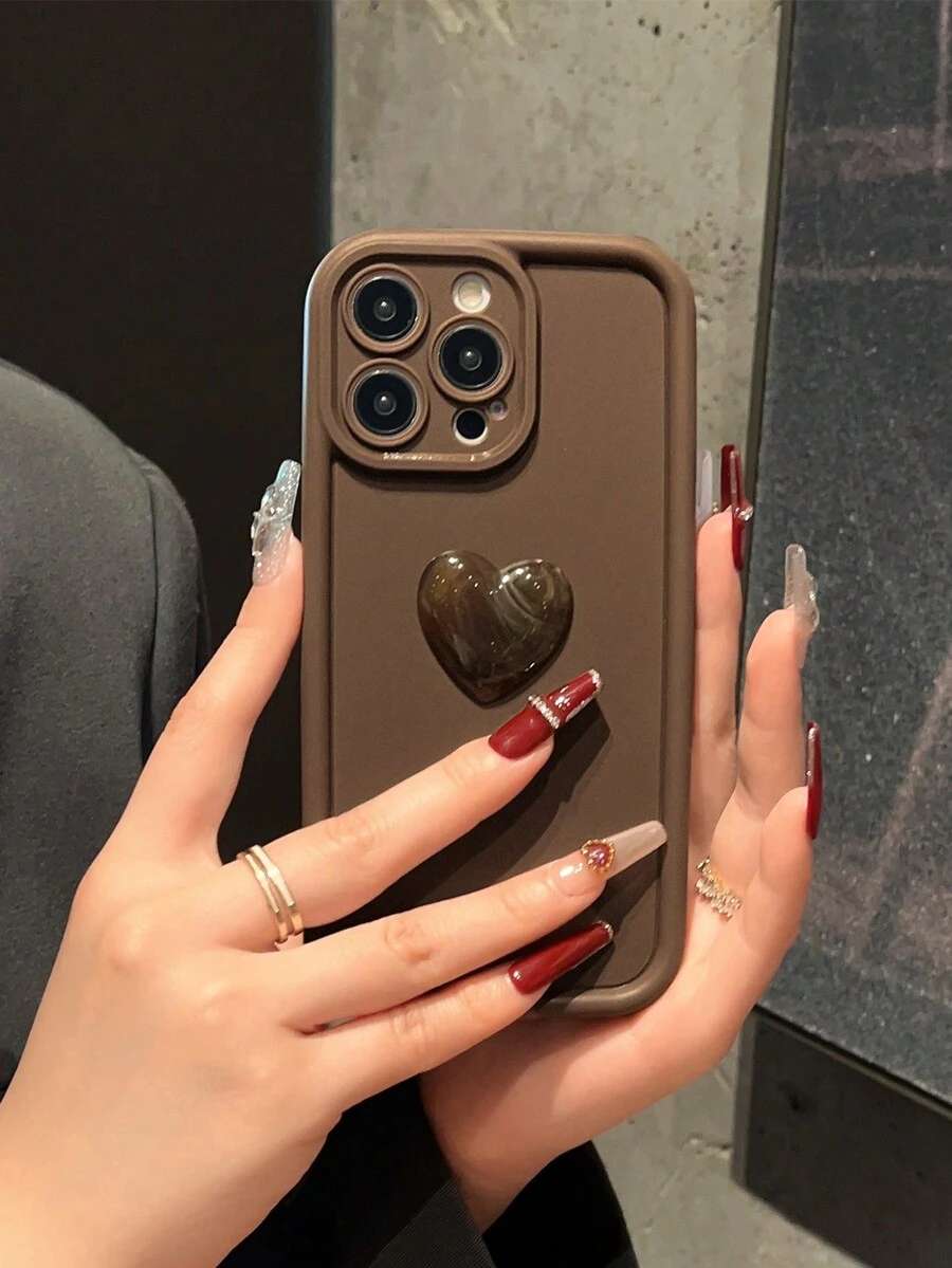 Carcasa De Iphone Con Corazón De Piedras Preciosas Y Borde Circular Adhesivo, Compatible Con Iphone - Café integral - Ver 1