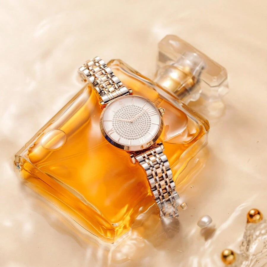 1入組dk Swiss品牌女士手錶星光璀璨,玫瑰金色不鏽鋼表帶時尚復古奢華防水石英手錶,適合日常佩戴,經典百搭 - 玫瑰金 - 查看 1