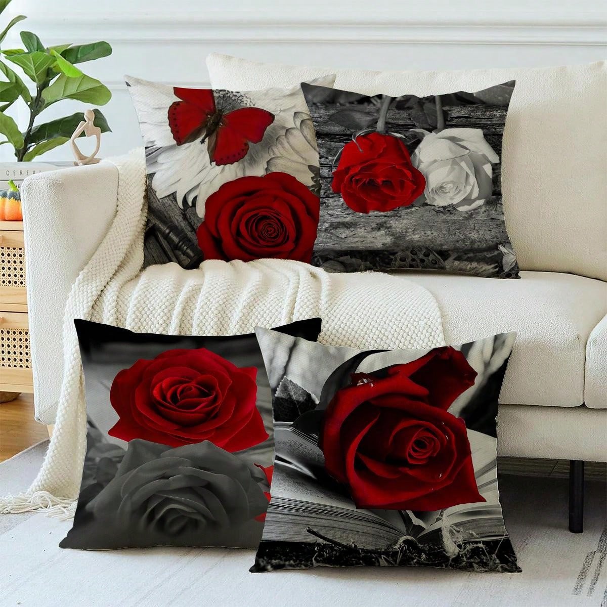 4pcs Romantic Rose Pattern Pillowcases, Nordic Style Linenlook Square Waist Cushion Covers