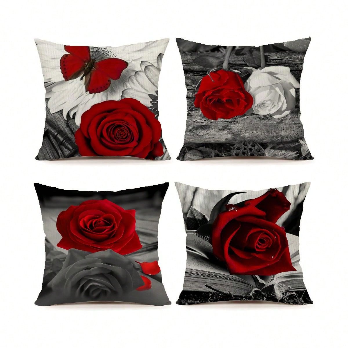 4pcs Romantic Rose Pattern Pillowcases, Nordic Style Linenlook Square Waist Cushion Covers