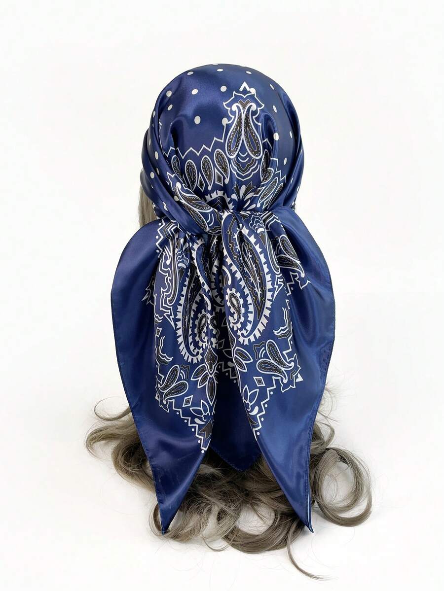 1入女士洋基圖案人造絲頭巾,可用於手提包提手、頭髮束、沙灘、日常、時尚、戶外、披肩、假日紅色頭帶 - 藍色 - 查看 1