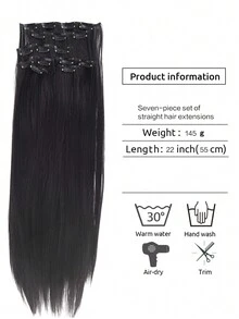 黑色直髮條7件套裝,22英寸自然柔軟女性仿真假髮隱形式髮束,適合日常佩戴 - 黑色 - 查看 2
