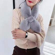 Thick Warm Faux Rabbit Fluffy & Plush Collar Women's Winter Solid Color Crossed Scarf - Black - View 8