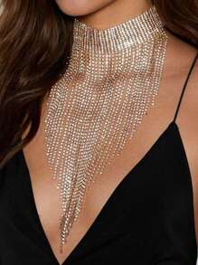 1pc Gorgeous Exaggerated Rhinestone Long Tassel Blingbling Party Necklace For Women - Silver - View 1