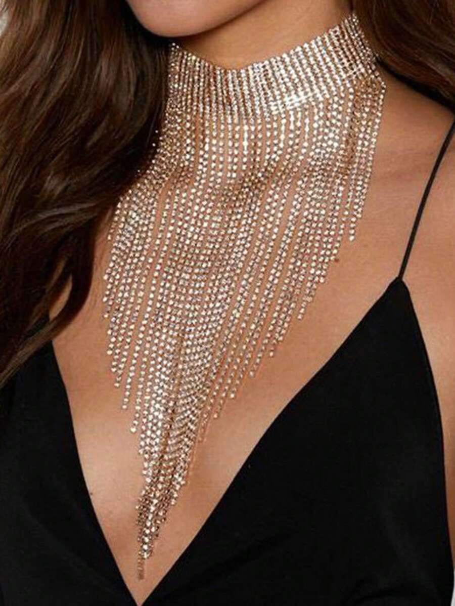 1pc Gorgeous Exaggerated Rhinestone Long Tassel Blingbling Party Necklace For Women - Silver - View 1
