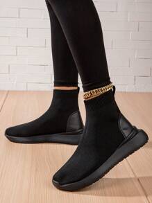 Women's Lightweight And Comfortable Black Knitted Casual Slip-on Socks Boots Flat Bottom Leisure Sports Style - Black - View 4