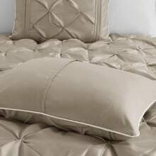 Elegant 7 Pieces Tufted Bedding Comforter Set With Throw Pillows,Faux Silk Bedroom Comforters With Matching Shams,Pillows,Bed Skirt,Pillowcases,All-Season Elegant Home Textile For Full-Queen-King-California King Size,Fit Elegant Home Bedroom Decor,New Year  Gift - Taupe - View 6