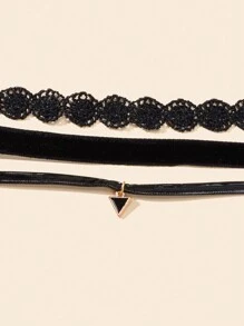 3 件套复古黑色蕾丝天鹅绒纹身颈链套装女士派对节日饰品 - 黑色 - 查看 4
