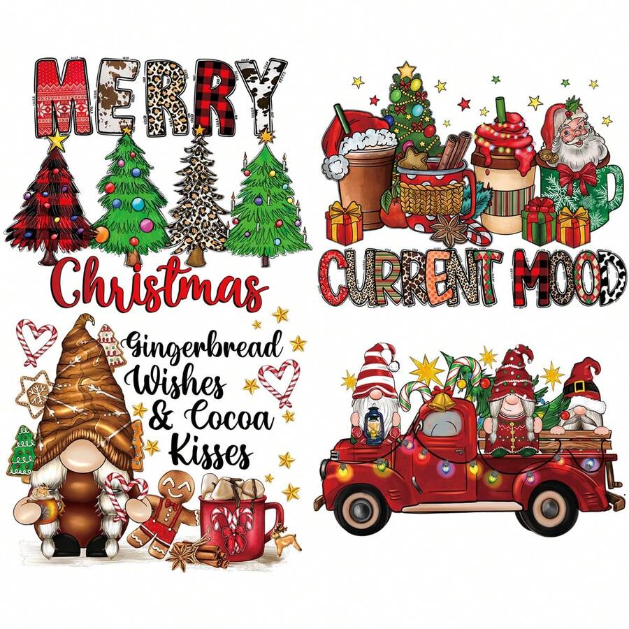 1 套 4 件小型聖誕假期卡通貼紙,適用於服裝、裝飾品、連帽衫和運動衫熱轉印、聖誕老人、聖誕樹 - 4 small pcs mix - 查看 1