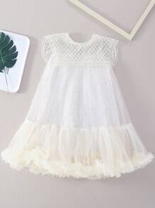 女大童亮片拼接拼接網紗娃娃裙 - 杏色 - 查看 1