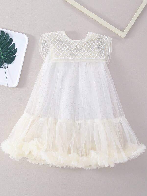 فستان سموك ترتر متباين اللون شريط شبكي بنت طفل