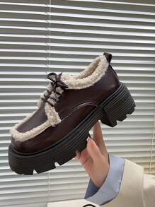 Women's Winter Thermal Lined Shoes 2023 New Fashionable Versatile Small Pu Leather Shoes, Warm & Comfortable With Thick Sole Loafers For Outdoor Wear
