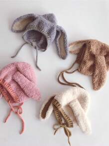 1pc Baby Thickened Plush Camel Colored Hat, Cute Cartoon Long Ear Winter Ear Protection Headwear