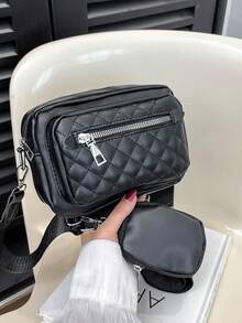 菱格拼接斜背包,時尚pu皮革套裝,女士多層肩背包,附小型錢包 - 黑色 - 查看 2