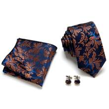 AlanKing 1 Set Krawatte, Einstecktuch und Manschettenknöpfe Geschenkbox für Herren; klassische Paisley Krawatte (7,5 cm), geeignet für Feiertage, Hochzeiten, Arbeit Herrenkrawatte - Bronze - Übersicht 3