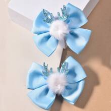 2pcs Girl's Blue Ribbon, Antler, Pom Pom, And Bow Knot Hair Clip For Girls Christmas And New Year Holiday Decoration