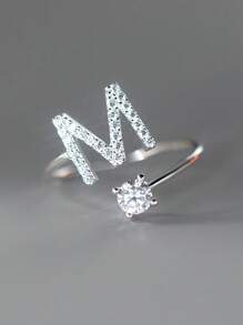 1入組精美優雅立體氧化鋯字母戒指，開口可調式女性女孩紀念基本戒指母親節，聖誕節禮物 - 銀色 - 查看 13