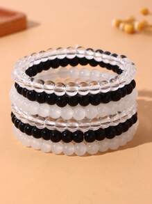 6入組黑白彈性繩極簡主義珠子手鍊 6mm