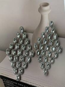 1 đôi bông tai dài hình giọt nước đính đá pha lê phong cách Châu Âu & Mỹ màu bạc, cá nhân hóa & sang trọng & thiết kế độc đáo - Bạc - Xem 5