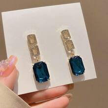 1對時尚復古幾何方形吊墜耳環鑲嵌藍色和紅色水鑽和人造水晶,適合女士日常佩戴