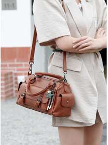 1只pu材質的女士單肩包,復古多口袋手提包、手拿包、時尚女士斜跨包、小肩包、波士頓包,適合四季日常使用、工作、休閒、派對等場合