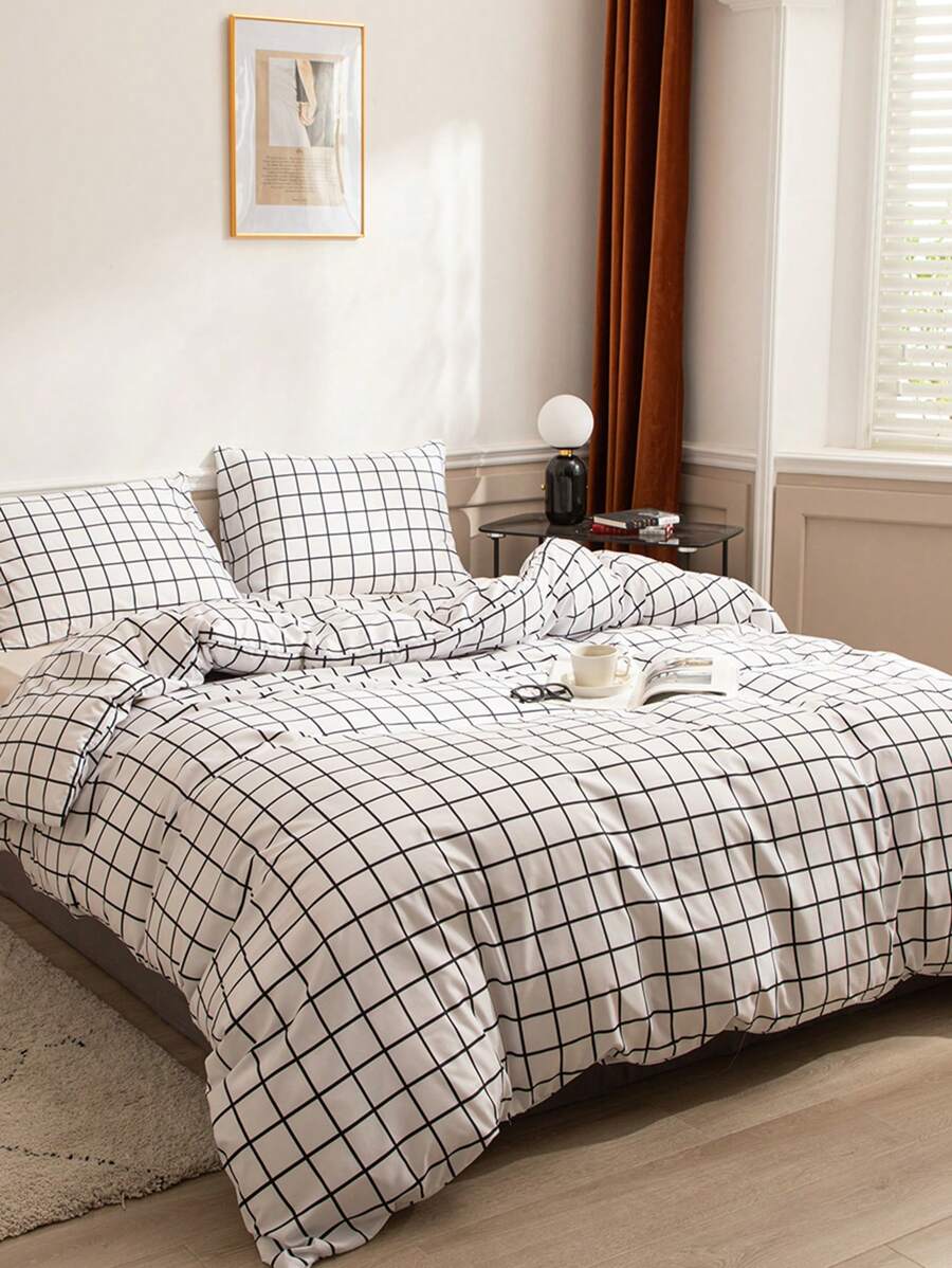 3pcs Black Grid Comforter Set Twin Queen King Size Black and White