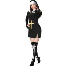 4 件套女士服装配饰，天主教修女服装帽子金色吊坠项链膝盖大腿高筒袜适合角色扮演派对万圣节 - 黑色 - 查看 6