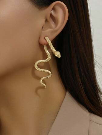 1 Pair Gold Patterned Snake Design Earrings, Vintage Punk Minimalist Style, Creative Unique Earrings Suitable For Gifting, Dating, Clubbing, Y2K