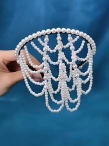 1 件流蘇頭帶和珍珠裝飾甜美新娘頭飾