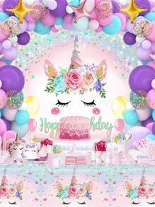 93pcs/Set Pink Purple Unicorn Birthday Balloon Backcloth Set, Balloon Set Perfect For Birthday Party Wall Background, Decorative Balloon Arch Kit, Birthday Gift Party Favor, Birthday Decor Birthday Balloon, Unicorn Decor, Ladies' Birthday Decoration, Including 89pcs Pink Purple Confetti Balloon &1pc Unicorn Birthday Background & 1pc Unicorn Tablecloth Table Cover & 2pcs Balloon Accessory