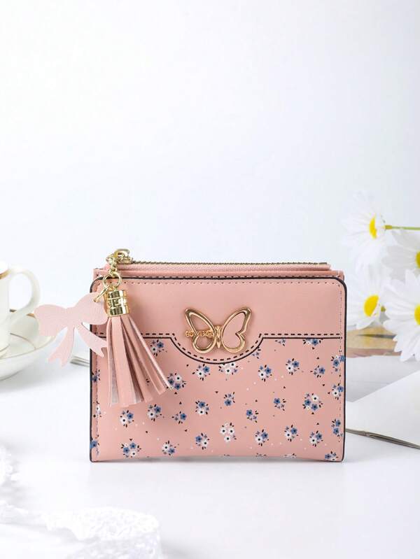 1 carteira curta de PU com zíper para meninos/meninas, carteira infantil com estampa floral de verão, porta-moedas com borlas, carteira com estampa de borboletas em metal